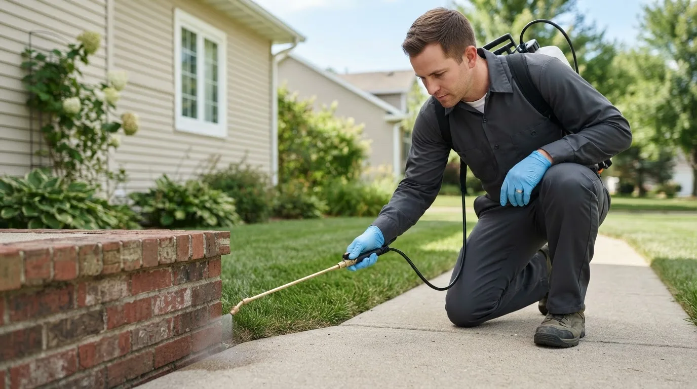 Pest control technician treating a home near Nondalton, AK